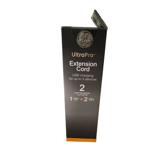 GE 2-Outlet Extension Cord 2 USB-A 1 USB-C 12W 6' Braided White/Gray: Flat Plug, - Picture 3 of 9